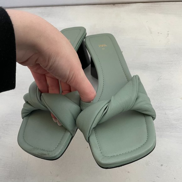 Zara Women's Slip On Sandals Knotted Leather Square Toe Heels in Green Sz 39 - Picture 5 of 8